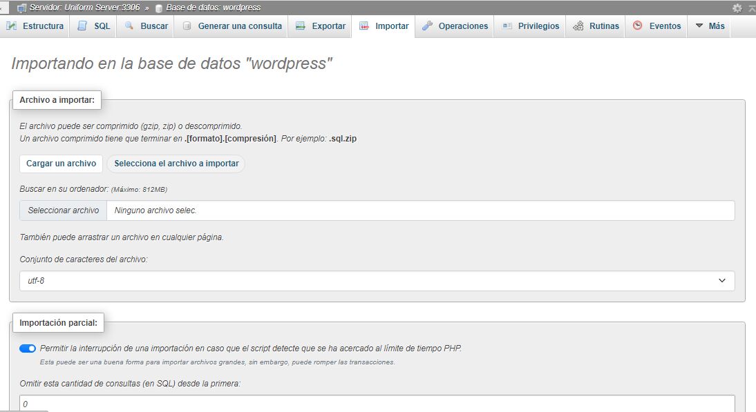phpMyAdmin Operations Tab